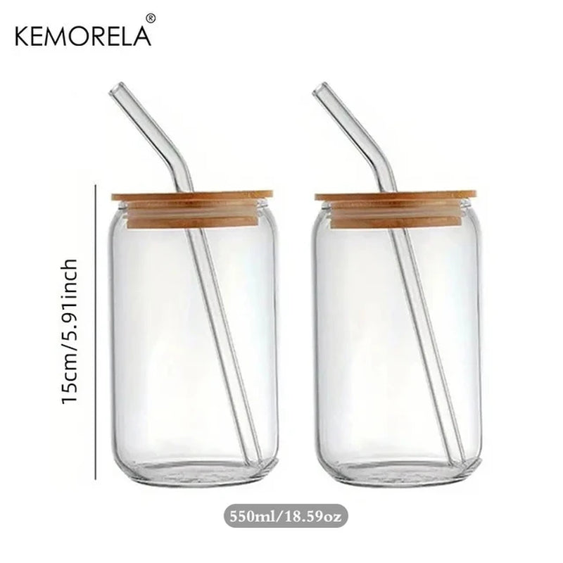 18.6Oz 540ML Drinking Glasses Can Shaped Glass Cups with Bamboo Lids and Glass Straws for Beer Iced Coffee Wine Cocktail