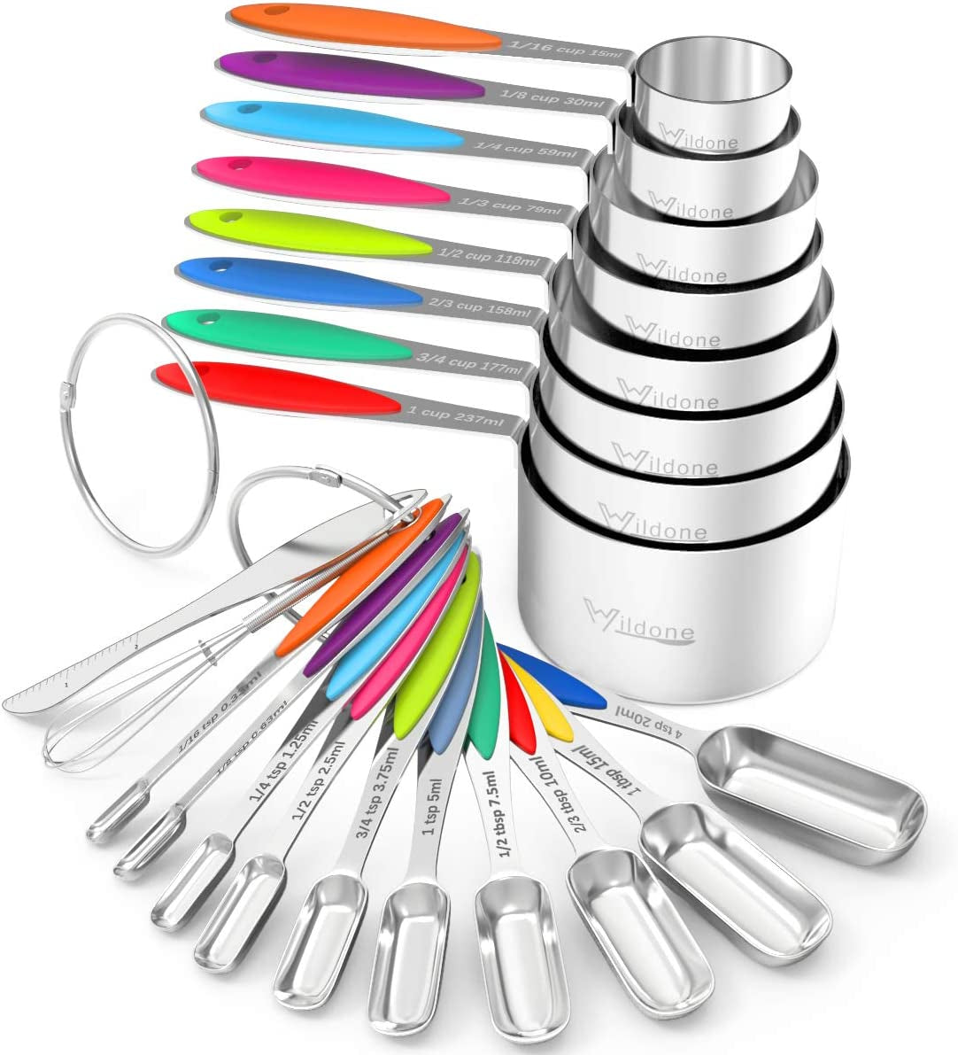 Measuring Cups and Spoons - Stainless Steel 20 Piece Stackable Set, Includes 8 Measuring Cups, 10 Measuring Spoons, 1 Leveler & 1 Whisk, for Dry and Liquid Ingredient