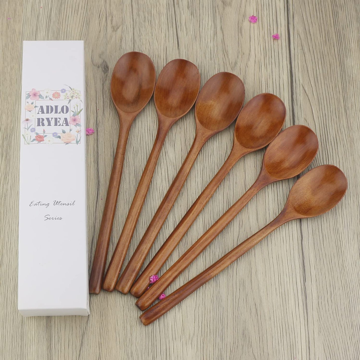Wooden Spoons, 6 Pieces 9 Inch Wood Soup Spoons for Eating Mixing Stirring, Long Handle Spoon with Japanese Style Kitchen Utensil, Eco Friendly Table Spoon