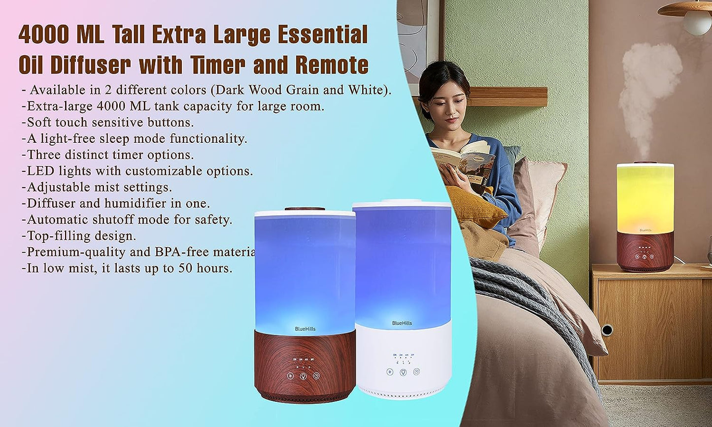 Premium 4000 Ml Tall Essential Oil Diffuser 4L 4 Liter 50 Hour Run with Remote Timer Aroma Humidifier 1 Gallon Big Capacity High Mist Output for Large Room Lights Dark Wood Grain T402