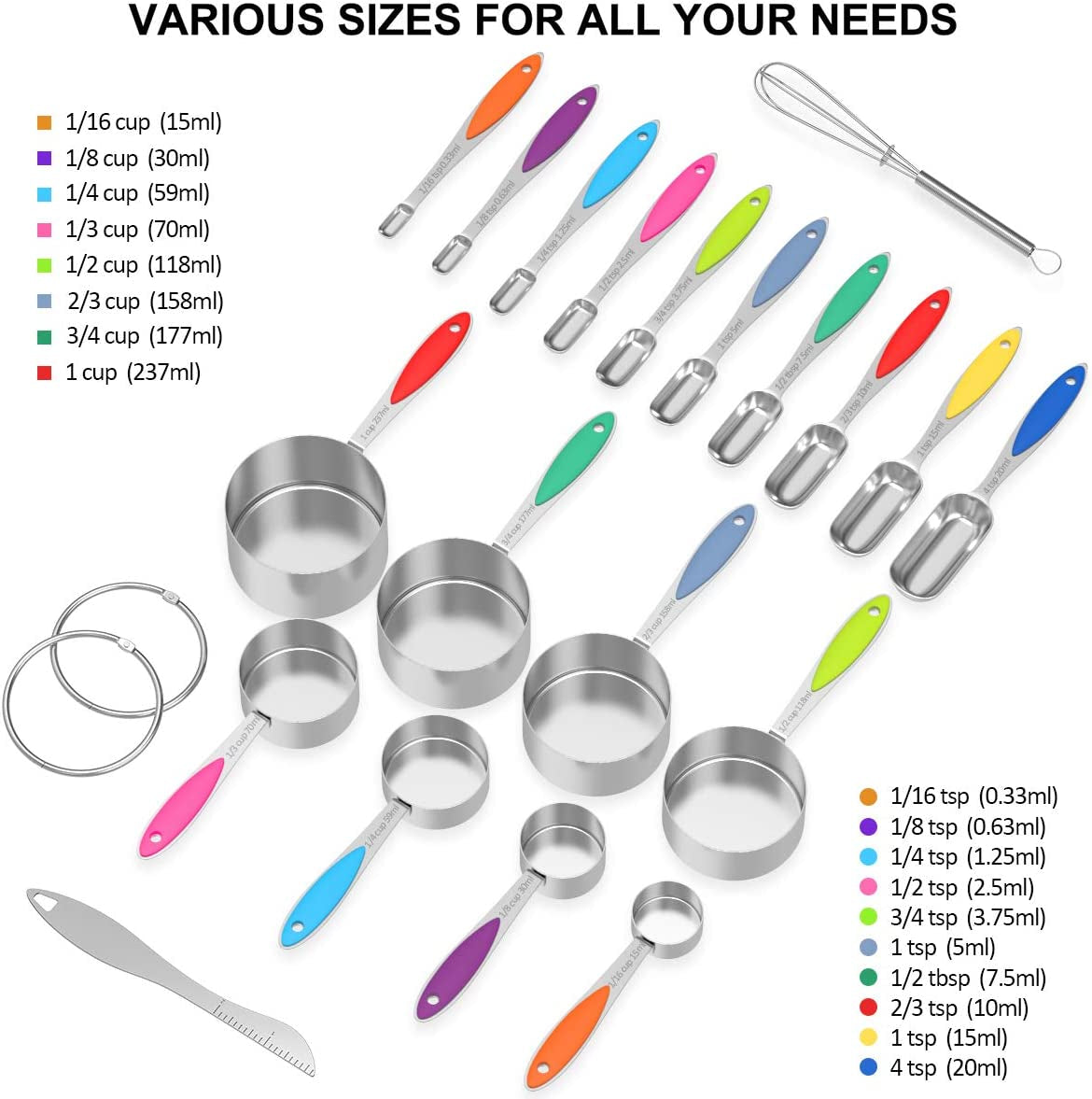 Measuring Cups and Spoons - Stainless Steel 20 Piece Stackable Set, Includes 8 Measuring Cups, 10 Measuring Spoons, 1 Leveler & 1 Whisk, for Dry and Liquid Ingredient