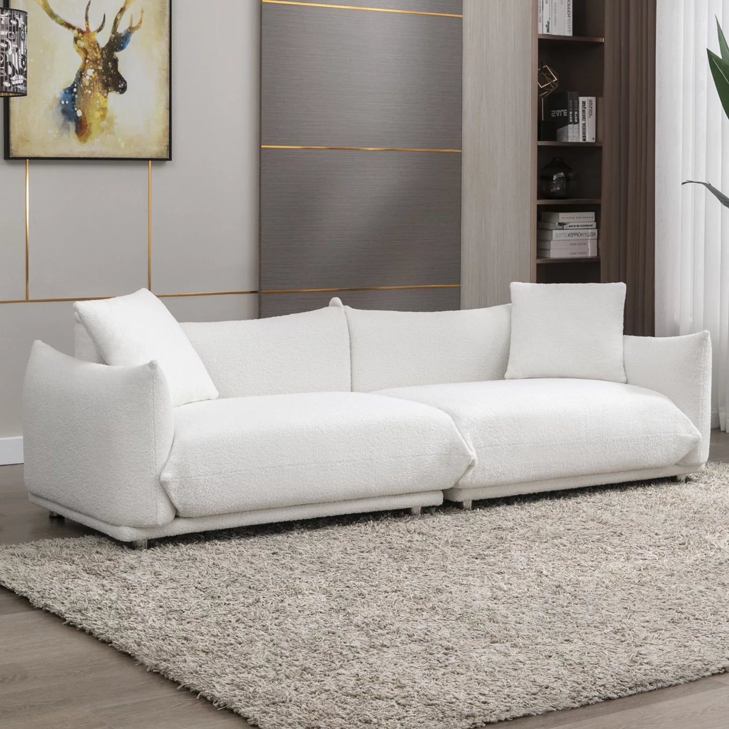 89" Lambswool Sofa, Modern Luxury 3-Seat Couches with 2 Cushions, Metal Legs, Deep Seat, Sofa&Couches Furniture for Apartment/Office, White
