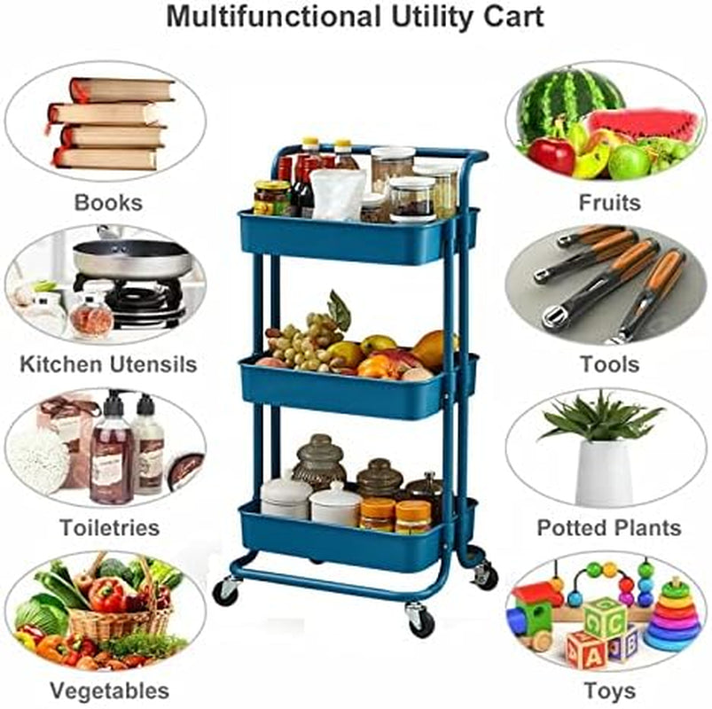 3-Tier Rolling Utility Cart Metal Organization Storage Cart Dark Blue Kitchen Trolley Service Cart with Lockable Wheels for Bathroom, Kitchen, Office
