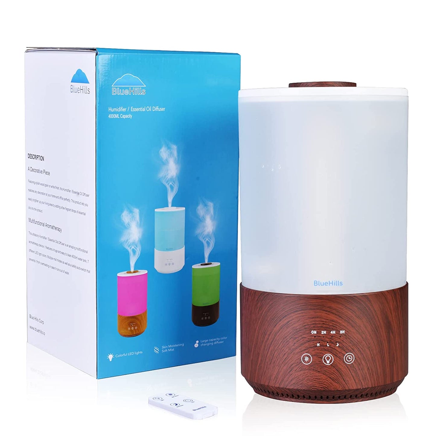 Premium 4000 Ml Tall Essential Oil Diffuser 4L 4 Liter 50 Hour Run with Remote Timer Aroma Humidifier 1 Gallon Big Capacity High Mist Output for Large Room Lights Dark Wood Grain T402