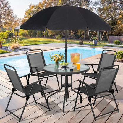 6 Piece Patio Dining Set with Umbrella, Outdoor Garden Set with 4 Folding Chairs and Tempered Glass Top Dining Table Brown
