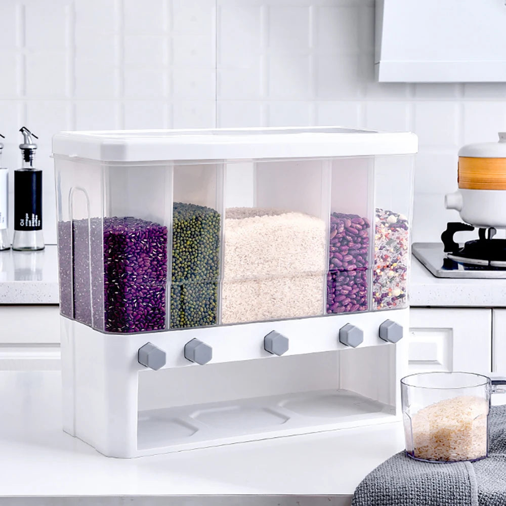 Dry Food Dispenser 5-Grid Cereal Dispensers Food Storage Container Kitchen