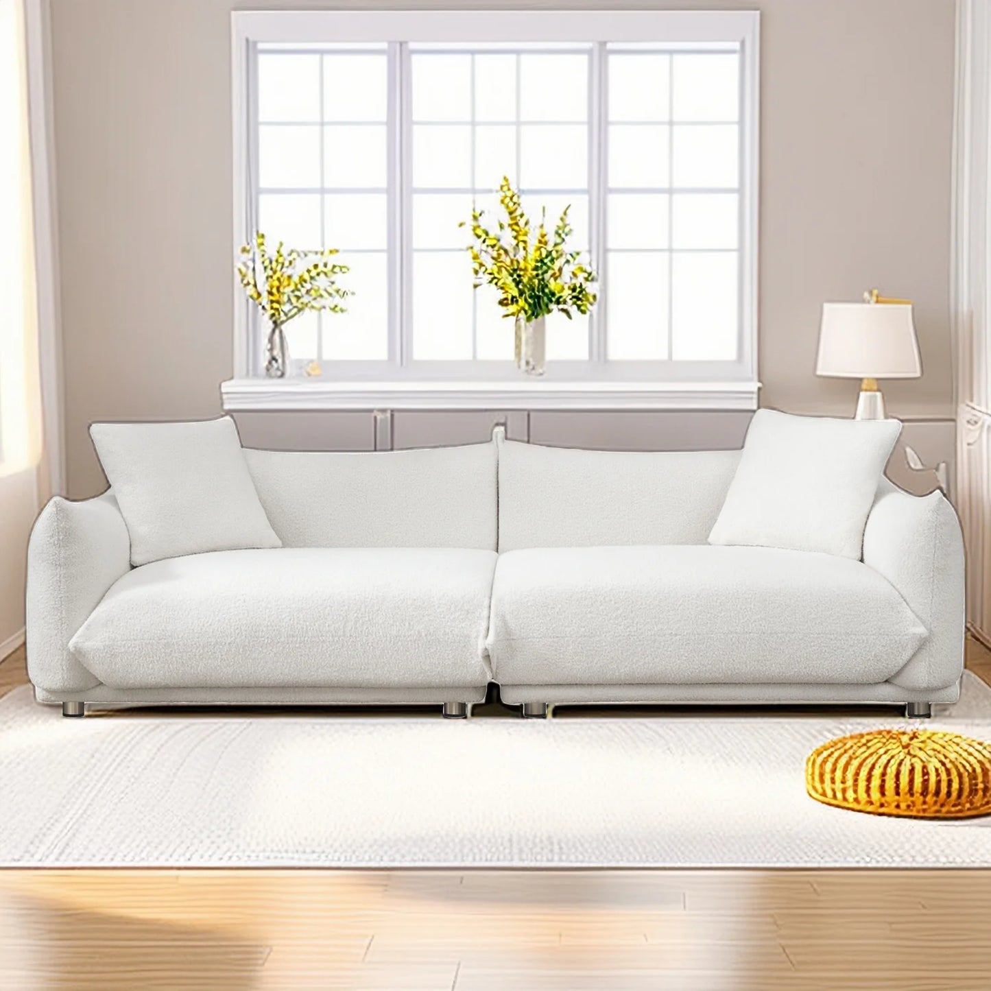 89" Lambswool Sofa, Modern Luxury 3-Seat Couches with 2 Cushions, Metal Legs, Deep Seat, Sofa&Couches Furniture for Apartment/Office, White