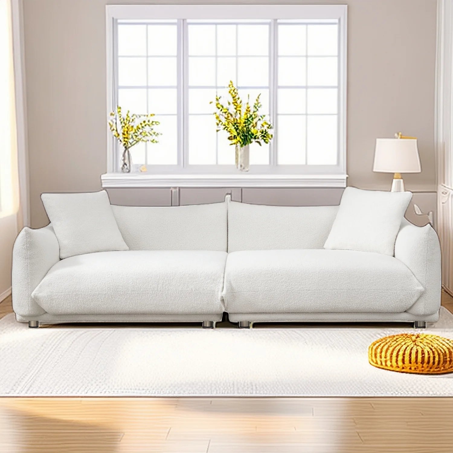 89" Lambswool Sofa, Modern Luxury 3-Seat Couches with 2 Cushions, Metal Legs, Deep Seat, Sofa&Couches Furniture for Apartment/Office, White