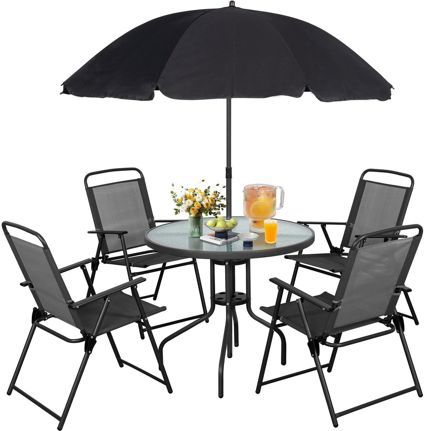 6 Piece Patio Dining Set with Umbrella, Outdoor Garden Set with 4 Folding Chairs and Tempered Glass Top Dining Table Brown