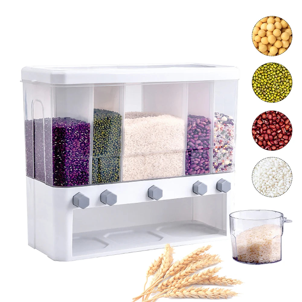 Dry Food Dispenser 5-Grid Cereal Dispensers Food Storage Container Kitchen
