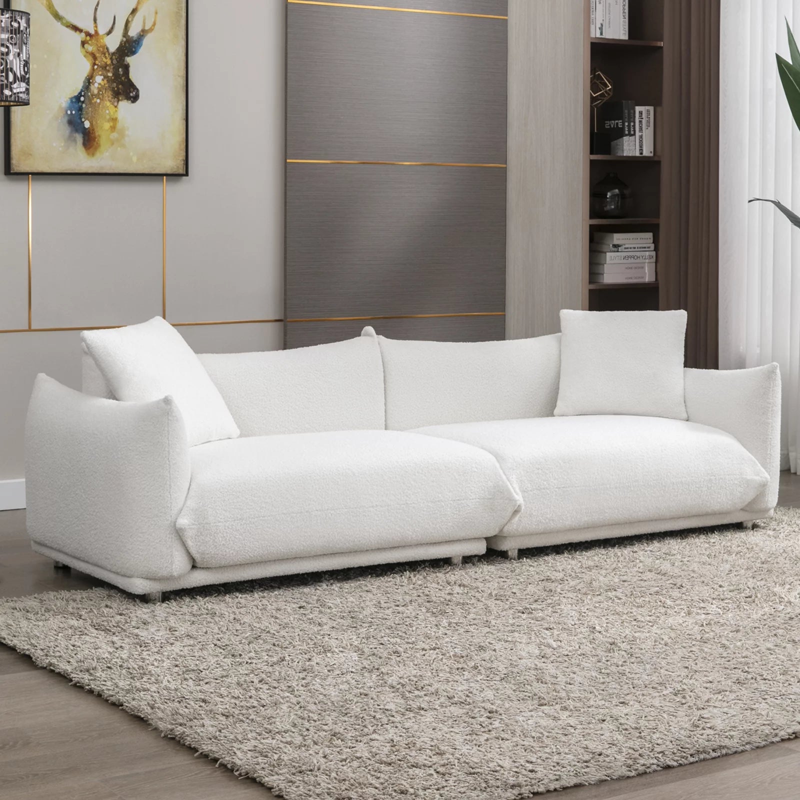89" Lambswool Sofa, Modern Luxury 3-Seat Couches with 2 Cushions, Metal Legs, Deep Seat, Sofa&Couches Furniture for Apartment/Office, White