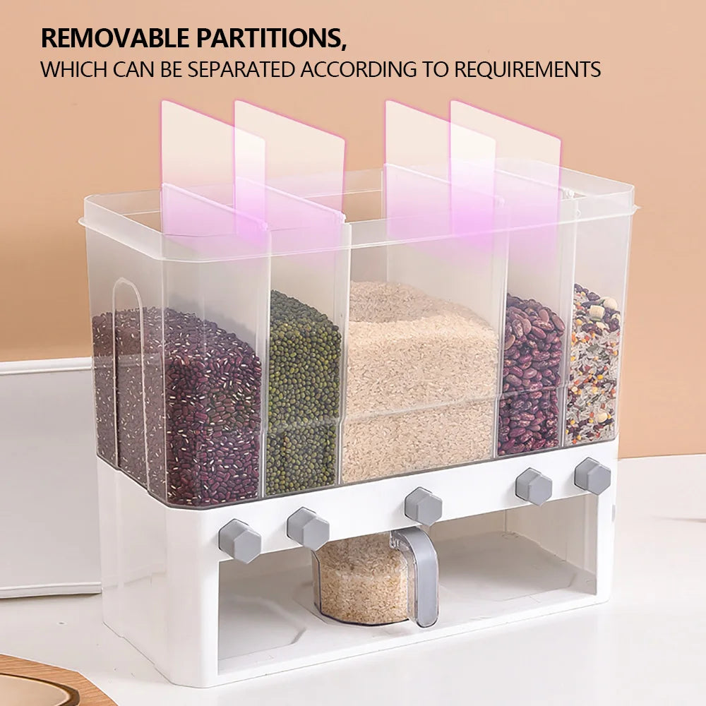 Dry Food Dispenser 5-Grid Cereal Dispensers Food Storage Container Kitchen